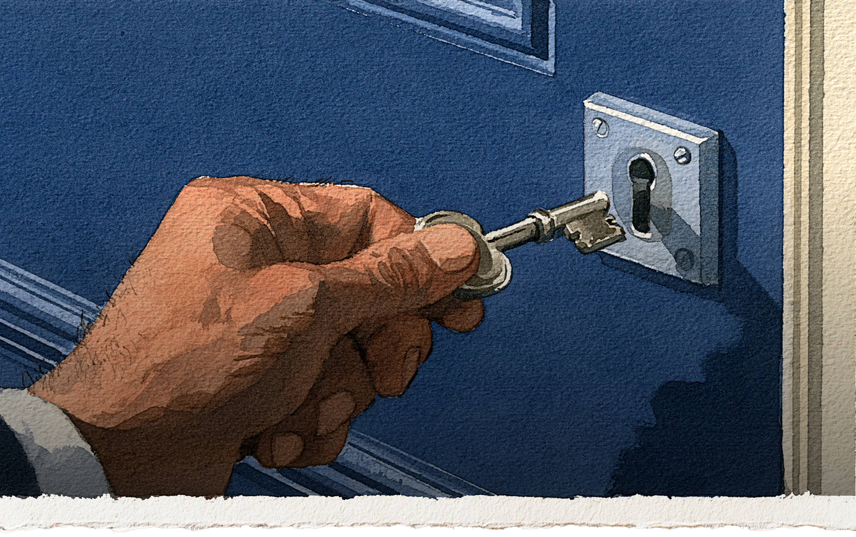A hand turning a key in a blue door